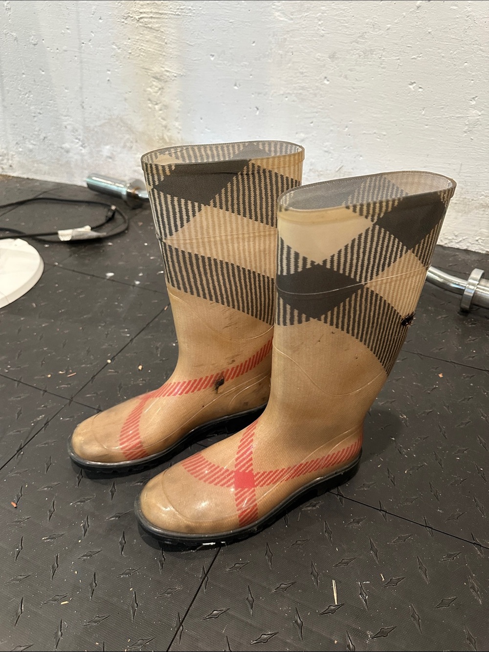 Burberry Tan Plaid Rain Boots with Red Stripe